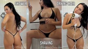 Bathing naked, shaving, drying hair in micro bikini, working on phone - live stream