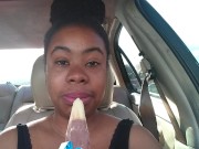 Ebony Big Lips Sucking Ice cream Pop Outside in Car - Cami Creams