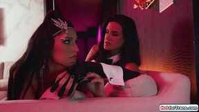 Busty magician makes shemales dick hard