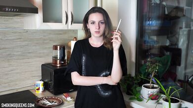 (ALL 24 scenes) Ramona Lynn is smoking all-white Virginia Slims 120s cigarettes at home using matches 4K resolution