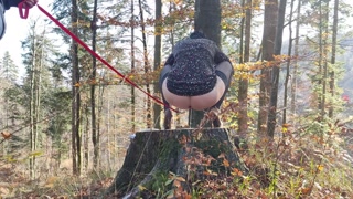 Desperate to pee, she has to pee with leashed butt outdoor