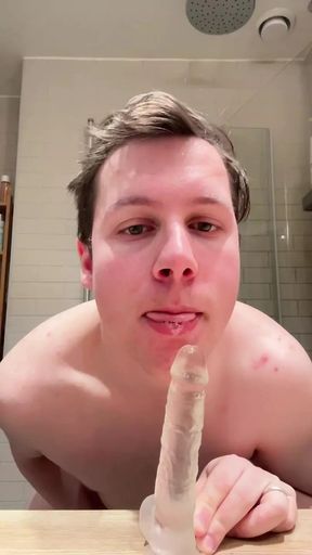 Norwegian sub training his throat on dildo