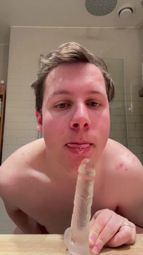 Norwegian sub training his throat on dildo