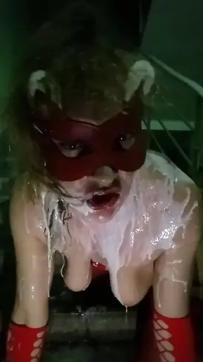 Dirty old blonde MILF gets milk enema on stairs
