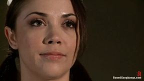 Brunette dream of uniform and aggressive group assfucking