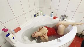 Redhead gets her hair oiled then washed in a tub