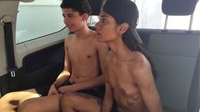 Two half-boyfriends in an interrupted football game, behind the car, that pure sex of play