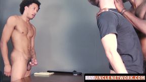 Young thief spitroasted bareback in a threesome with black guards