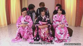 Three cute Japanese girls in kimonos get toyed and fingered to squirting orgasm