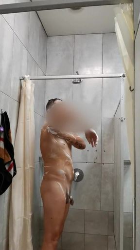 Male Jerk off in Gym Shower. Public Risky