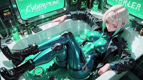 ai-generated- cyber valkyrie! wet mechanical armor in a neon bathroom, silver and blonde hair duet on a skyscraper penthouse. from lazy leaning to fingertips touching glowing rings