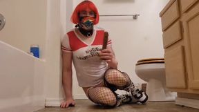 Cosplay Sissy in chastity riding her dildo