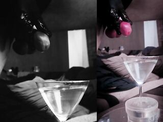 Giant CUMLOAD in a martini-glas of WATER after stretching my balls