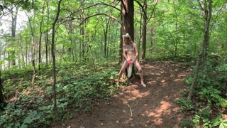 Public, MILF- Solo wolf cosplay in the woods by busy highway