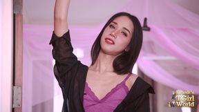 FRANKS TGIRLWORLD Slim Asian Trans Woman Stripping Purple Thong on Pink Canopy Bed