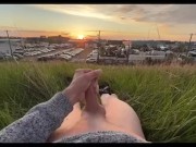 Sunset Canada Stroking Uncut Cock Public Atop Grassy Hill