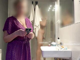 3 of us in the bath. That guy's jerking in shower front of my step Mommy. Family use. Voyeur.