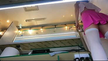Pervert boss is teasing his naughty shop assistant when she talks to the customers