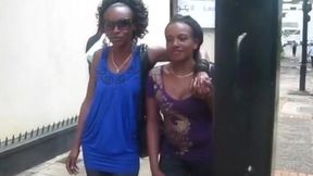 Black teen lesbo babes get convinced to get nasty on cam