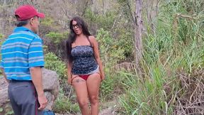 Stepmother with Curves Engages in Outdoor Encounter with Older Man in the Jungle