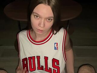 Good girl gives her stepdad a deep blowjob while kneeling. Cum on stepdaughter big natural tits
