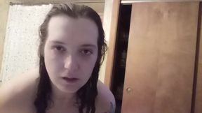 Tgirl After Shower slurps her tiny tits raw