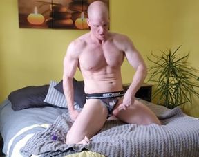 Muscle daddy plays with ass and jerk hard cock to powerful climax