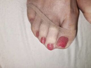 Cum on flawless wife's brown nylon feet - red polish pedicure