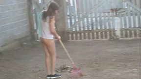 Wife without panties working in front yard teasing husband