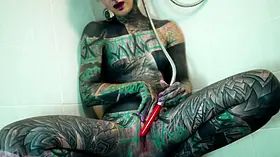 Heavily Tattooed Model Intense Anal Masturbation in the Shower