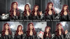 Goth redhead smoking marlboro red 100s in leather!