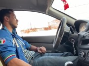 Gay jerk off in car, get caught, no cum.