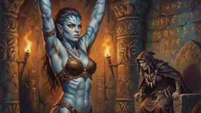 sexy blue skinned muscled fantasy warrior slave babe with hairy natural armpits is chained and suspended in bdsm bondage as an evil witch watches her sweat and struggle