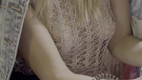 Wife flashes tits in sheer top at bar with vibrator stuffed up her pussy