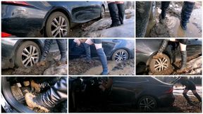 Two sexy girls in high boots got powerful Lexus stuck in deep soft mud