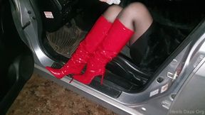 Honda Revving in Red PVC Boots with Exhaust Pipe View