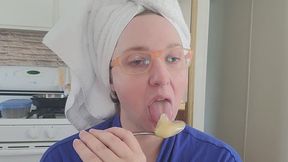 Sensually Licking Honey Off a Spoon wearing Blue Robe and White Hair Towel