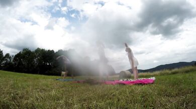 Yoga in a Miniskirt with No Panties and Leaking Cunt Bared Outdoors