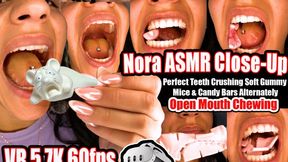 VR 3D 5,7K | Nora Extreme Close-Up ASMR: Perfect Flawless Teeth Dominating & Crushing Soft Gummy Mice and Chewy Candy Bars Alternately – Intense Wet Smacking Sounds, Open Mouth Chewing, Sensual Mash and Swallow, Teeth Fetish Power Play, Mouth Sounds