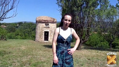 Young French brunette Amandine explores outdoor anal for the first time with two lovers in the countryside