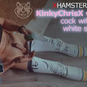 KinkyChrisX works his shaved cock with lube in white socks and leggings WITH CUMSHOT