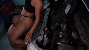 Hot brunette mechanic gets her pussy eaten and fucked in the car