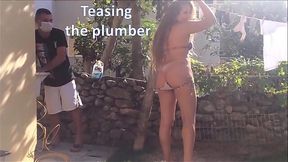 Latina wife teases plumber while hubby watches