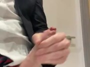 Suited manager masturbating at work - horny, hard and uncut straight guy cumming
