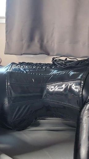 Pvc Catsuit Sissy Plays with Her Sex Toy Doll and Her Fucking Machine