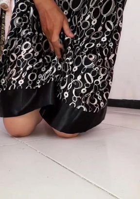 Crossdresser Cum with Girl Black Satin Dress