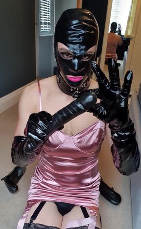 Dildo sucking in my long black pvc gloves, latex hood