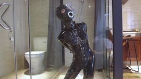 A puppy in leather restraints, bound in the bathroom. Licking you, getting it all over her face.