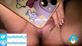 Vanilla Faith plays with her fat hairy pussy