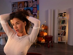 Busty curly brunette with big boobs fucks on couch